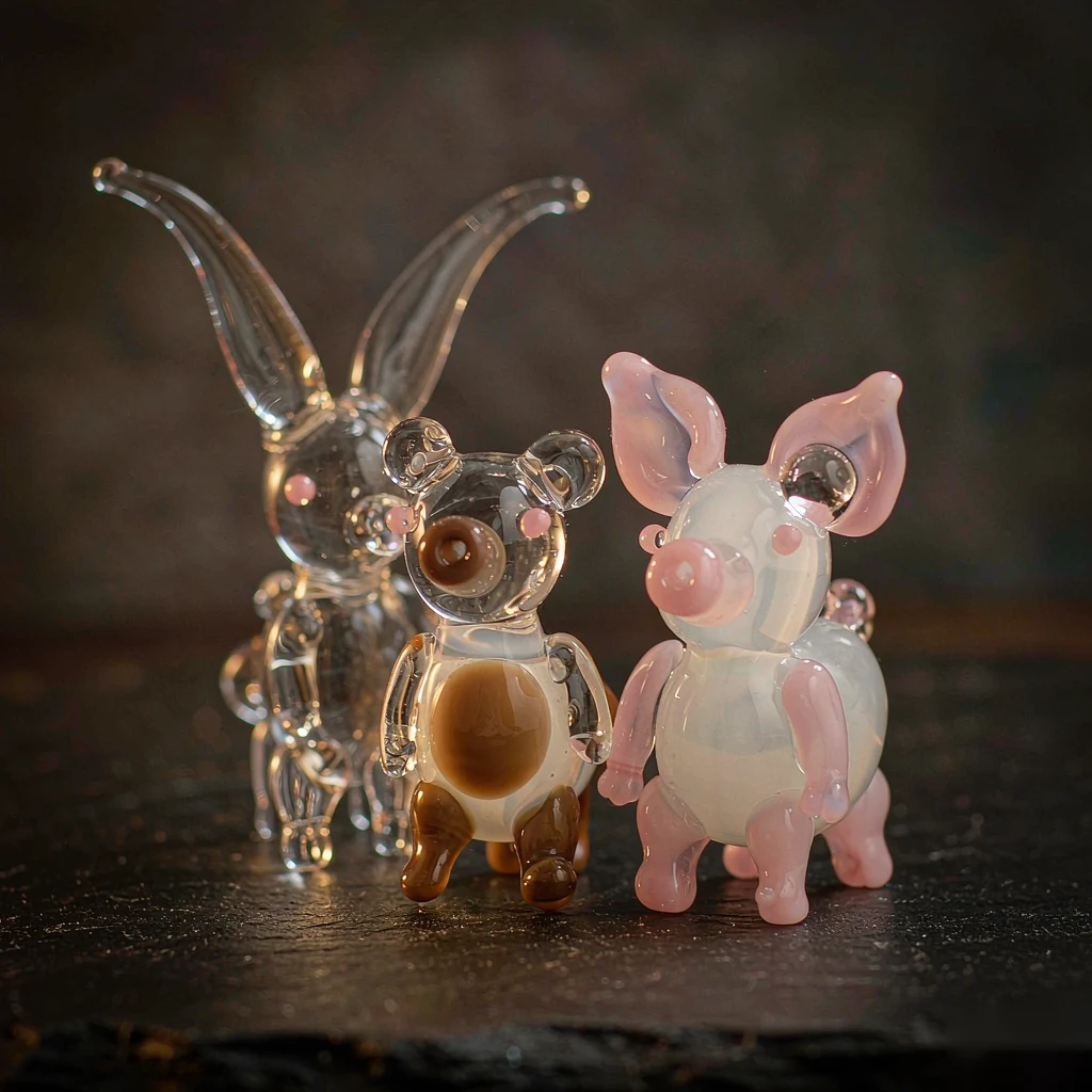 Handmade lampwork glass animals — a pig, a rabbit and a bear