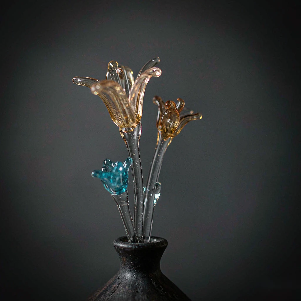 Lampwork glass flowers standing in a small dark vase