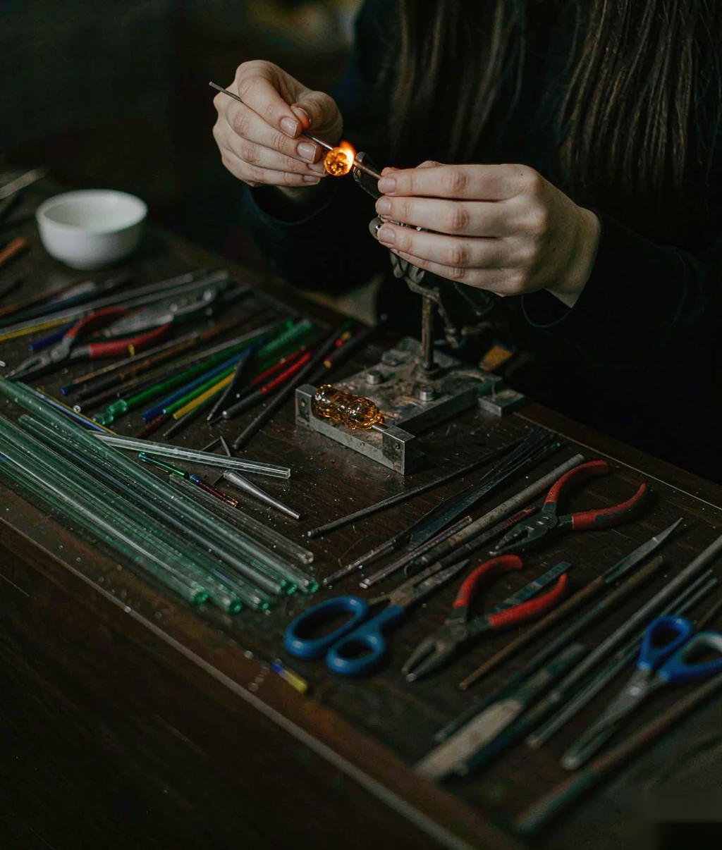 A glassworker shaping a glowing bead at a bench of glass rods and tools